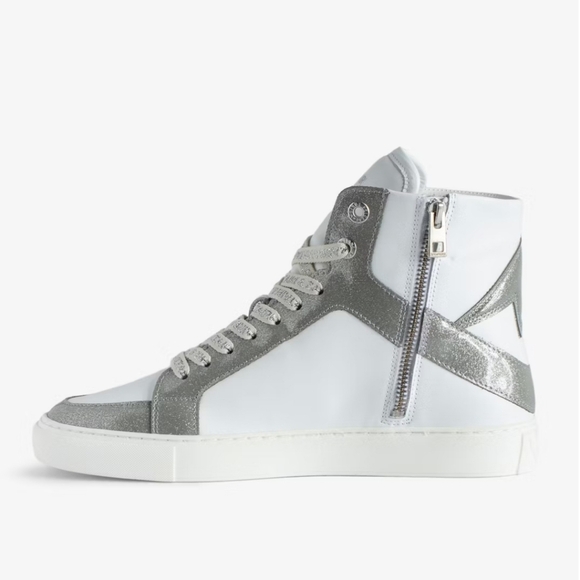 NEW! Zadig & Voltaire,  ZV1747 High Flash High-Top Sneakers,White/Silver,Size 38 - Picture 2 of 14